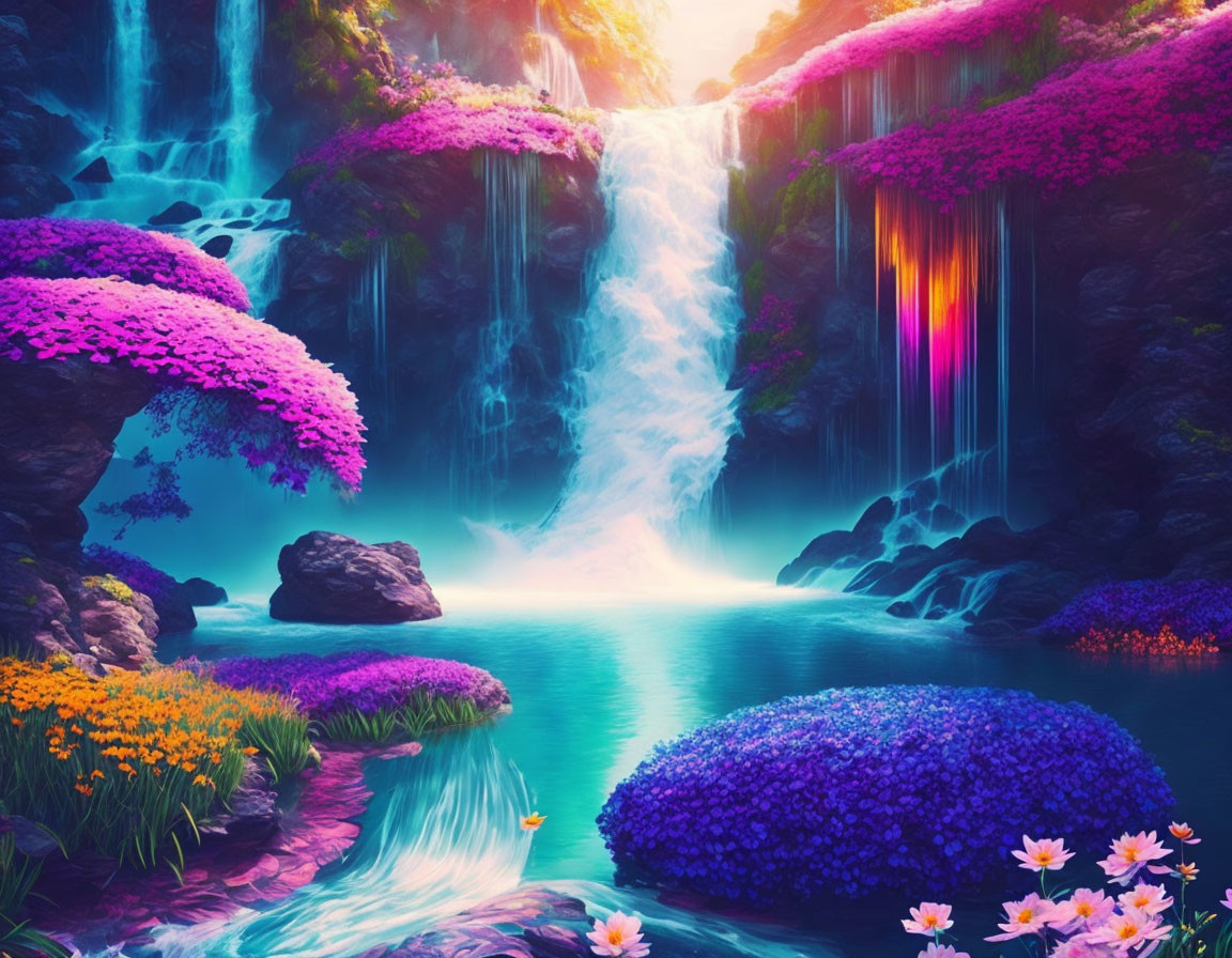 Colorful Fantasy Waterfall Surrounded by Lush Vegetation