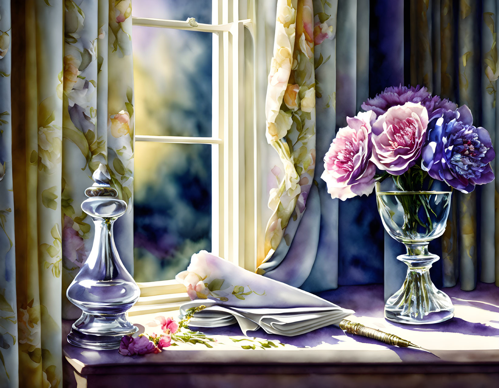 Colorful Watercolor Painting: Windowsill with Floral Curtains, Crystal Decanter, Peonies