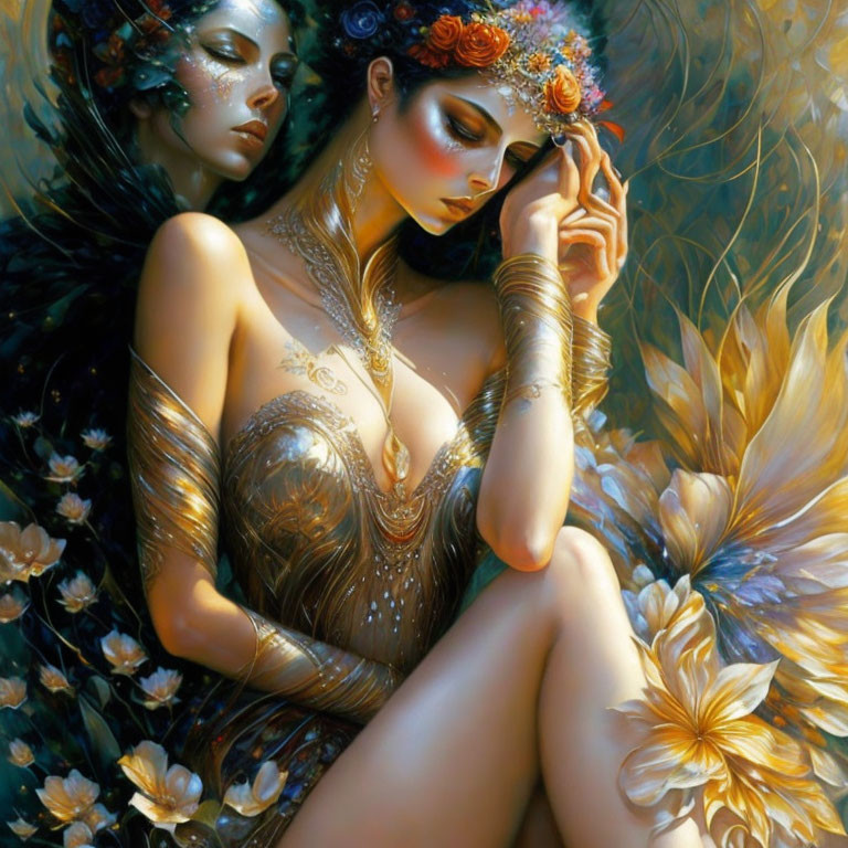 Two women in floral and golden attire amidst lush flowers