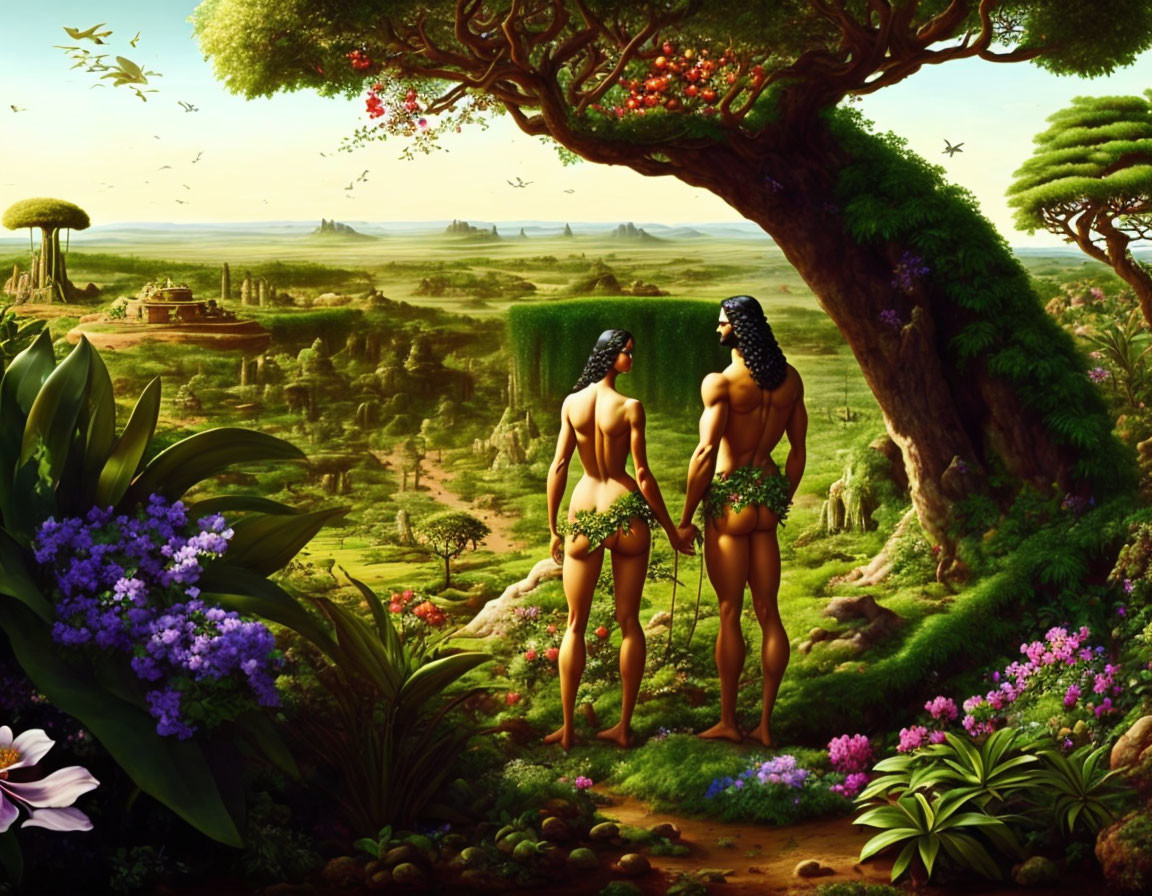 Fantastical garden scene with Adam and Eve figures under tree