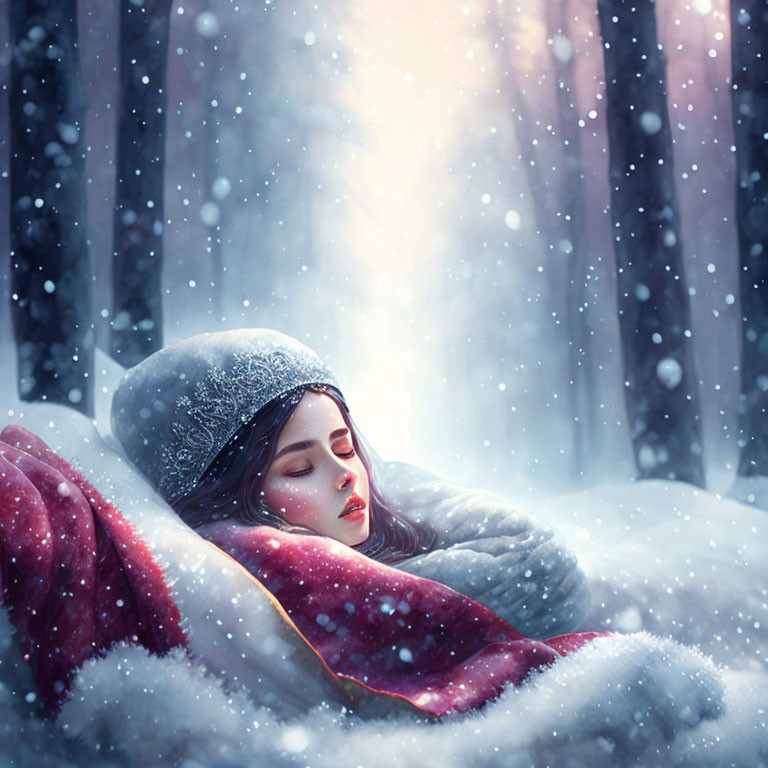 Woman resting in snow-covered woods wrapped in red blanket with falling snowflakes