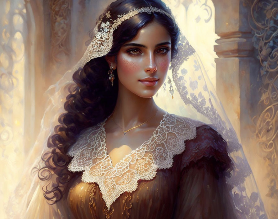 Dark-haired woman in lace dress and veil exudes elegance