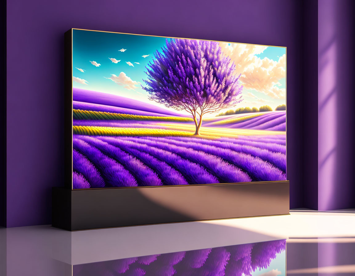 Vibrant lavender field with solitary tree on modern TV in purple interior