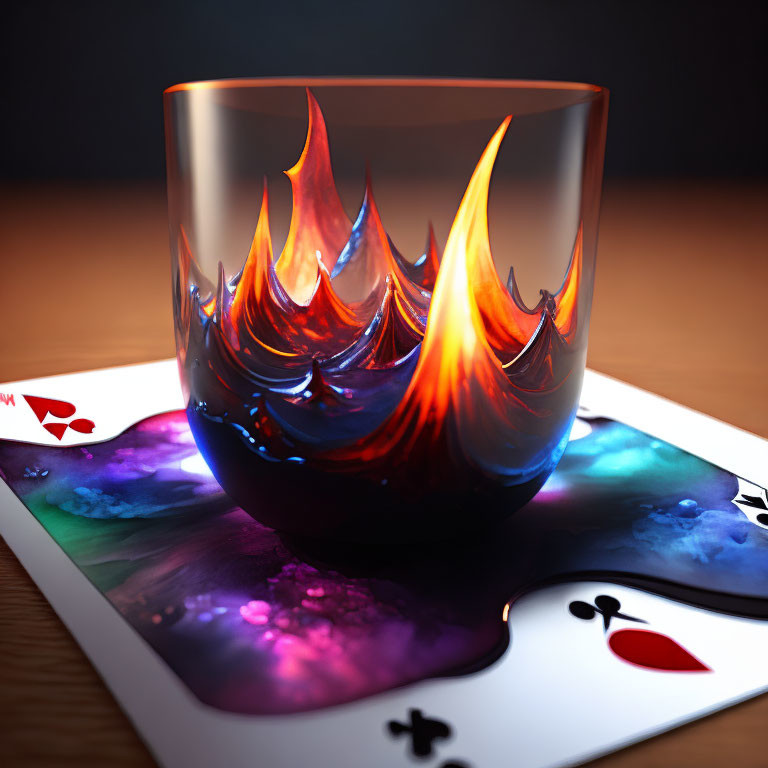 Realistic Fire Design on Clear Glass with Vibrant Playing Cards