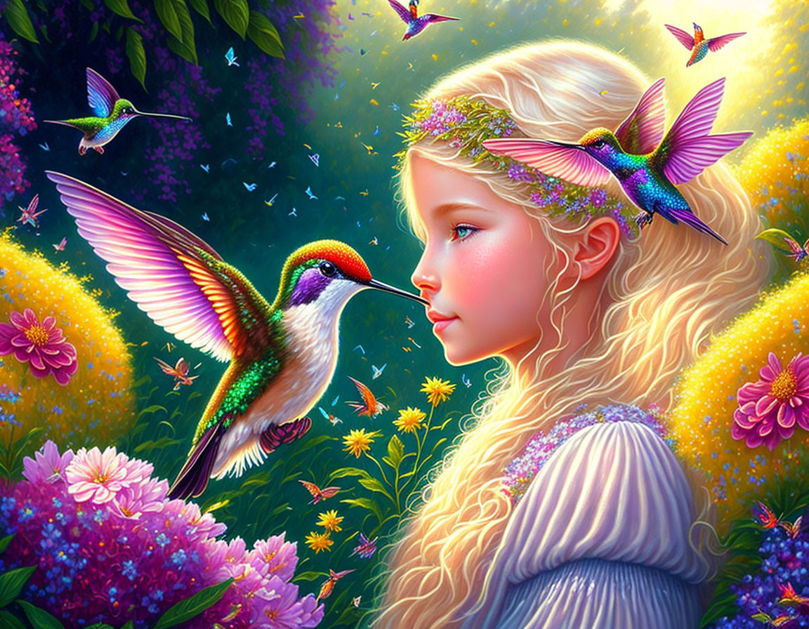 Vibrant digital artwork: Young girl with golden hair in lush garden with hummingbirds.