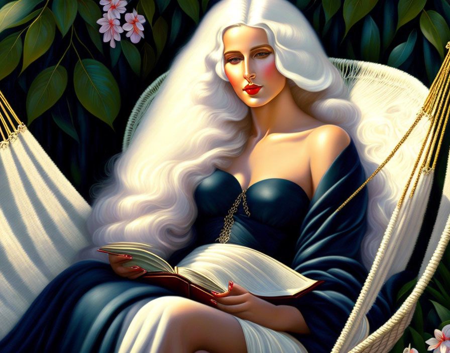 Pale-skinned woman with long white hair reading in hammock surrounded by foliage in dark blue dress under