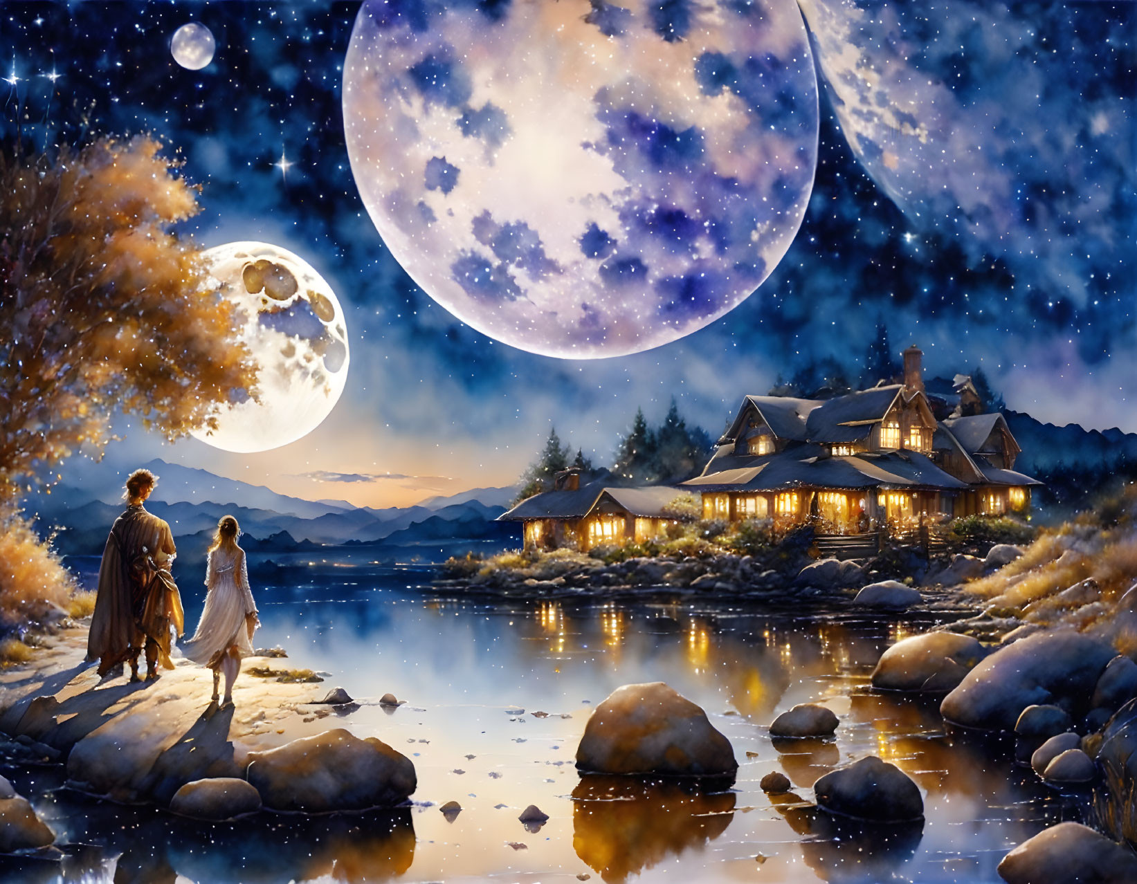 Tranquil night landscape with couple walking to cozy lakeside cottage