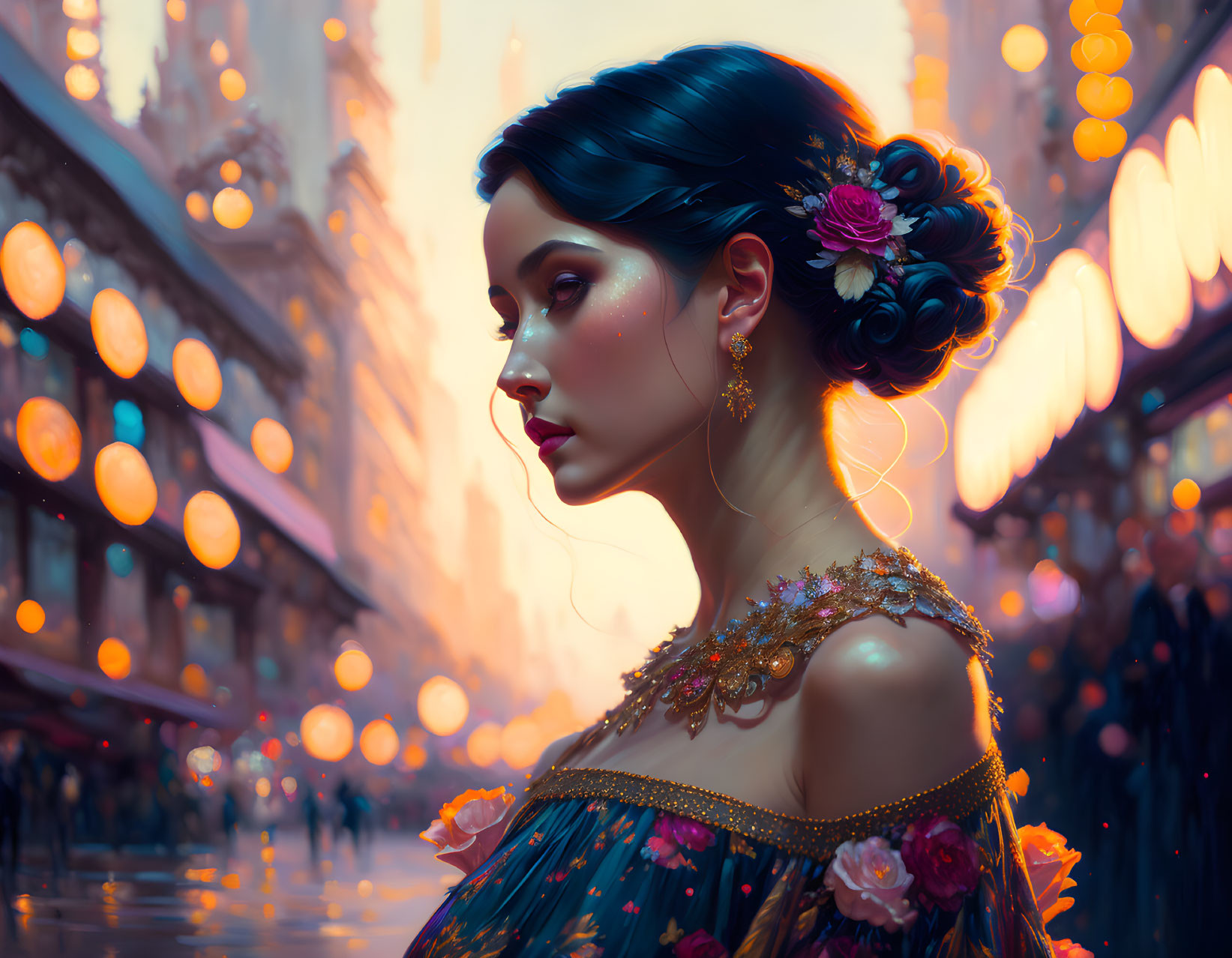 Woman with floral hairpiece gazing at cityscape at dusk