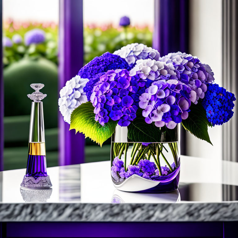 Purple Hydrangeas in Clear Vase on Reflective Surface with Glass Bottle