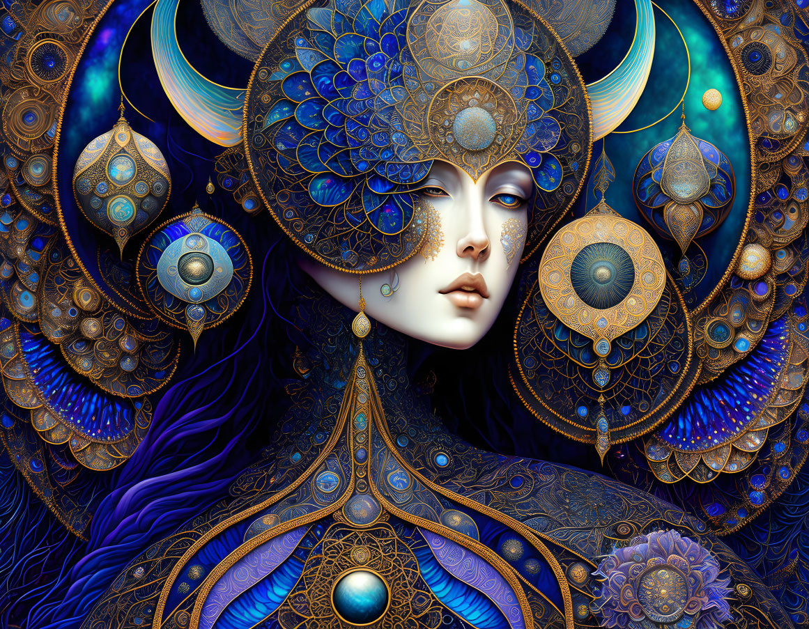 Fantastical female figure with gold and blue mandala patterns, feathers, and gemstones.