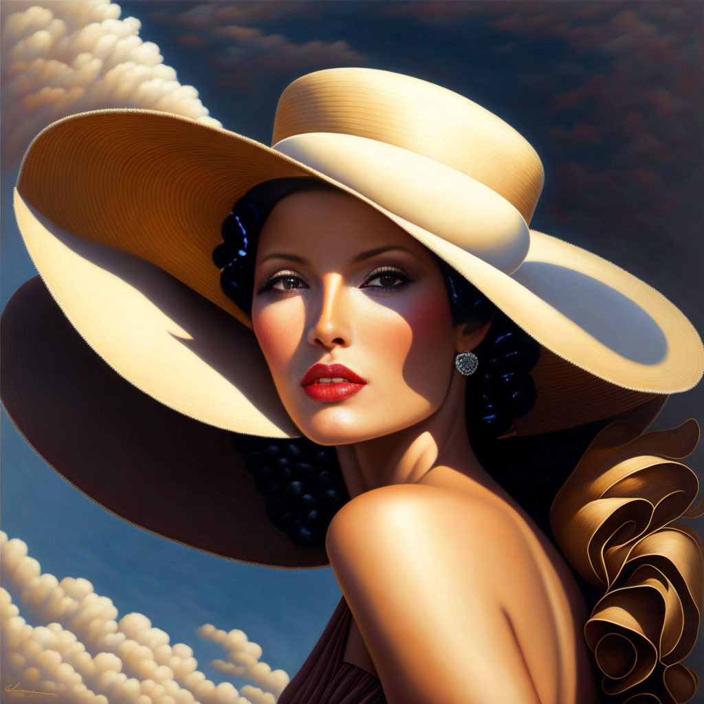 Portrait of a Woman in Wide-Brimmed Hat and Elegant Pose