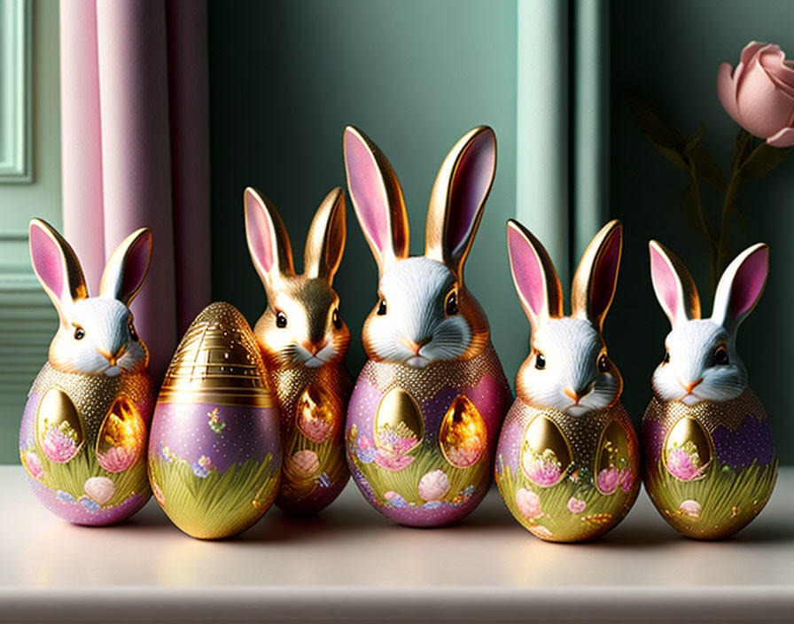 Five ornate bunny-shaped Easter eggs with floral designs in a row.