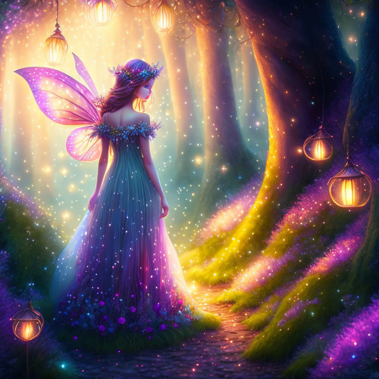 Translucent-winged fairy in enchanted forest with lanterns