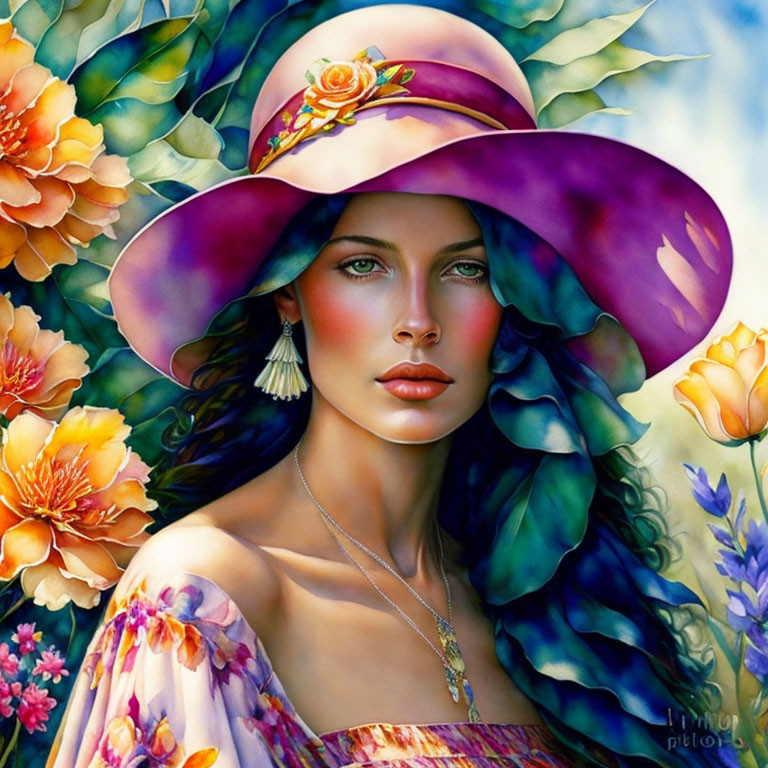 Portrait of Woman with Green Eyes in Purple Hat and Floral Garment