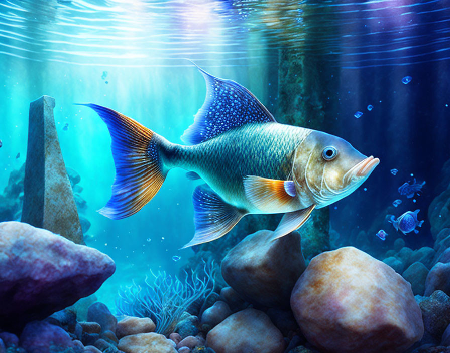 Colorful fish swimming among rocks and coral in underwater scene with sunbeams.