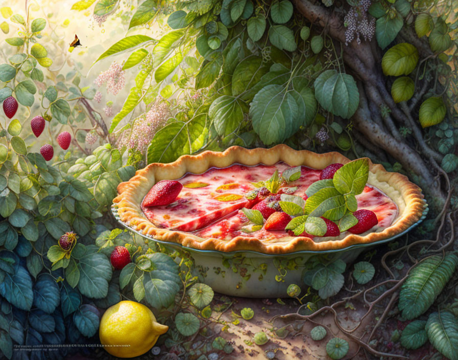 Colorful Strawberry Tart with Lemon and Butterfly in Enchanted Garden