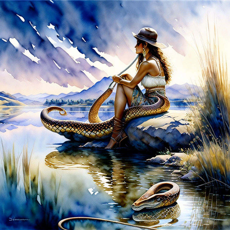 Woman in hat sitting on giant snake by lakeside with mountains and birds in serene setting