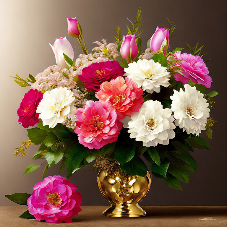 Pink and White Flowers in Golden Vase on Brown Background