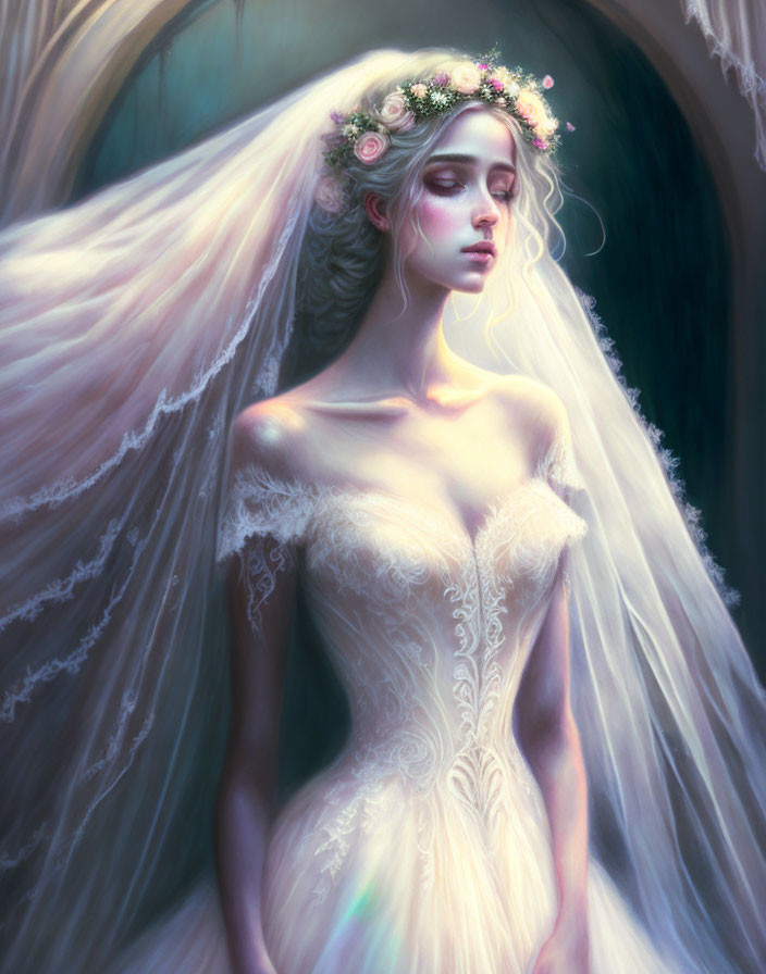 Detailed bridal gown and floral wreath on serene woman in soft light