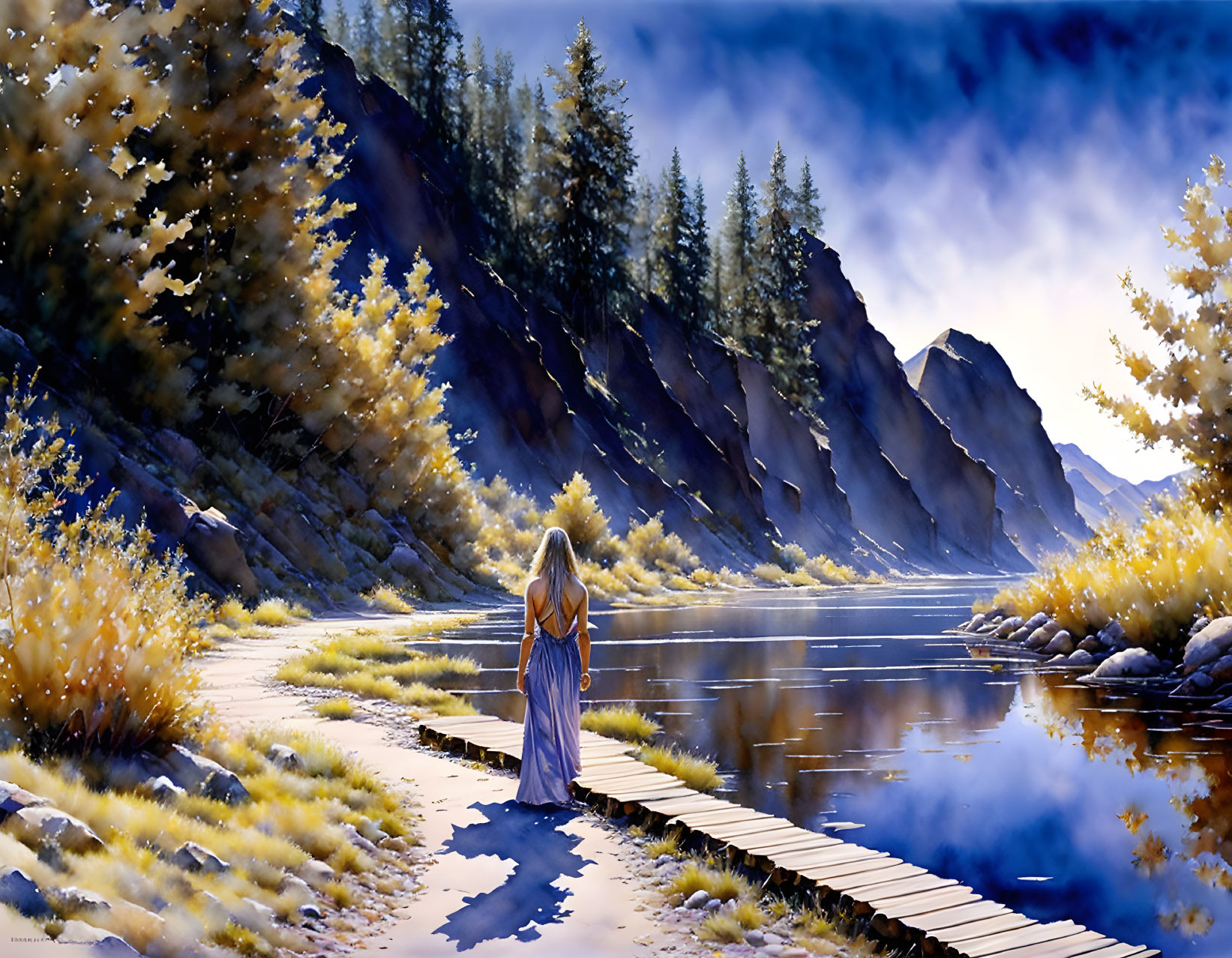 Long-haired person on wooden bridge in serene mountain landscape with autumn foliage and twilight sky.