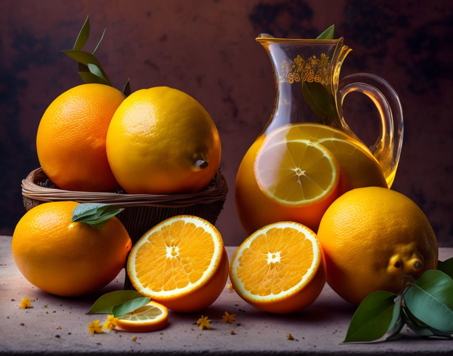 Fresh Oranges Still Life with Glass Pitcher on Textured Surface