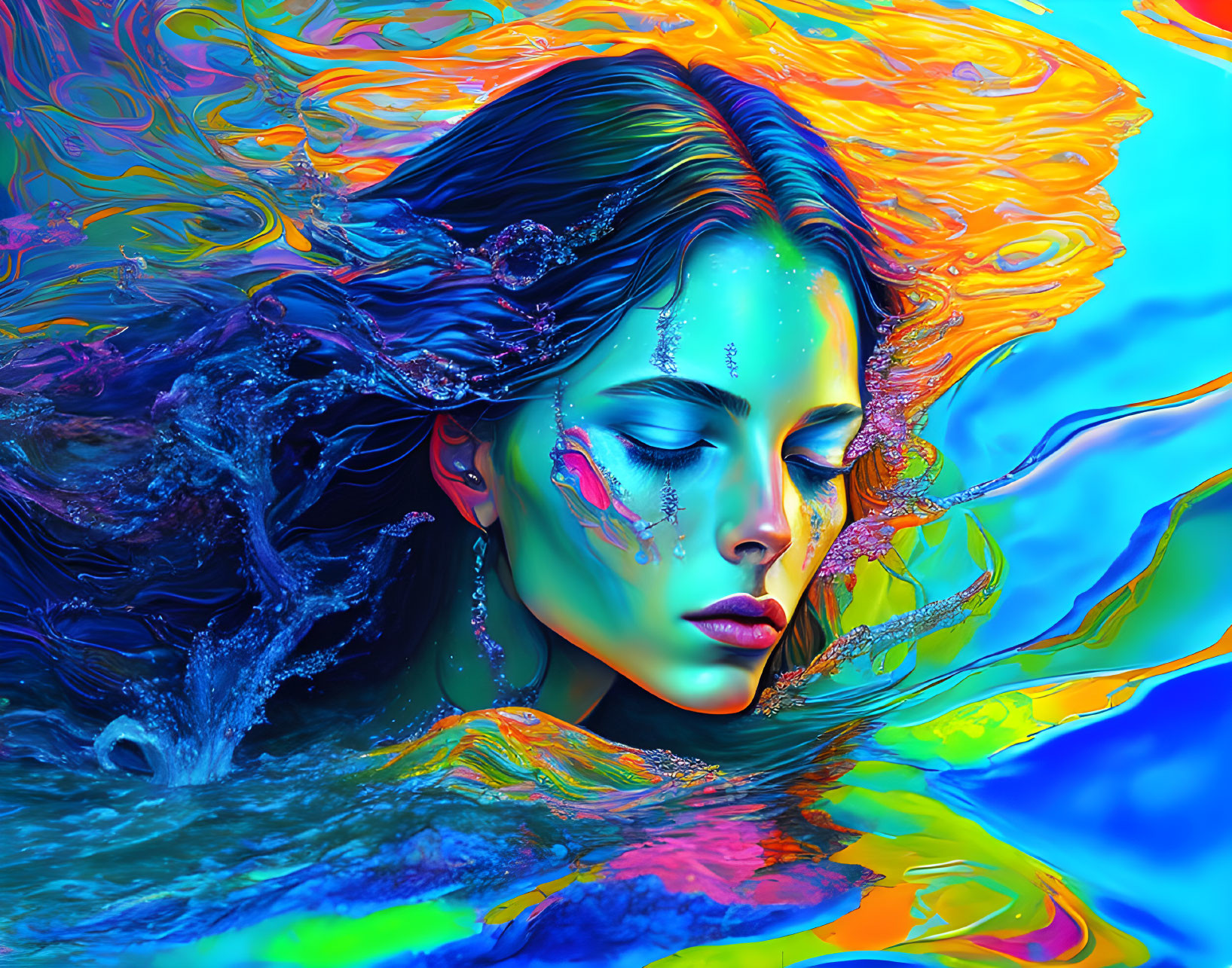 Vibrant digital artwork: Woman in water with flowing hair