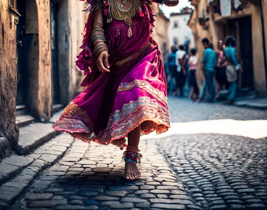 Vibrant pink dress and traditional jewelry on cobblestone street