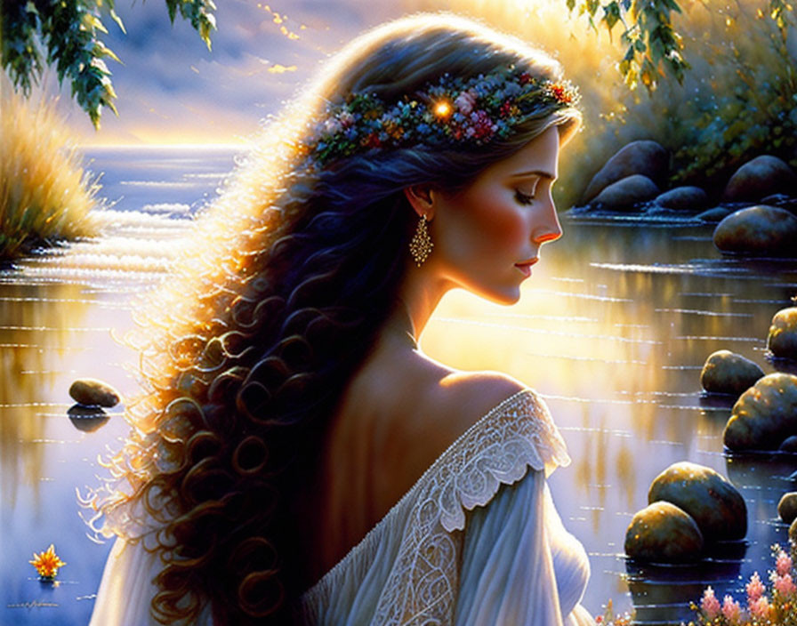 Woman with floral crown and long wavy hair by tranquil river at sunset