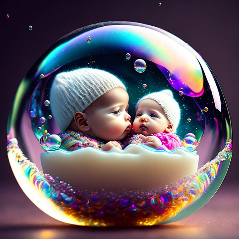 Two Babies in Cosmic Bubble with White Hat in Purple Background