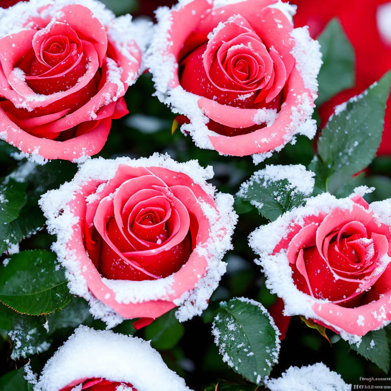 Red roses adorned with snowflakes, a winter-themed floral arrangement.