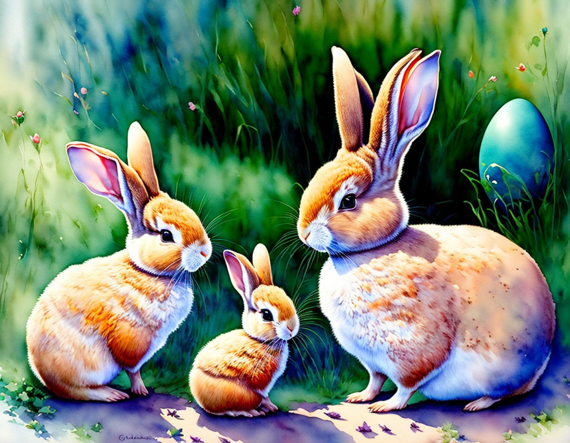 Illustrated rabbits with blue egg in lush greenery.