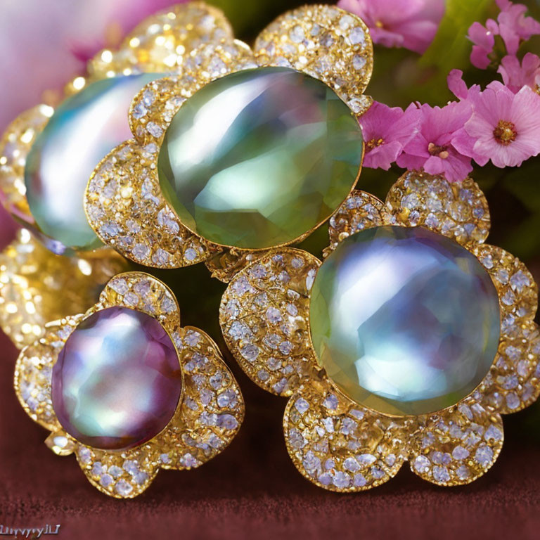 Exquisite golden jewelry with iridescent gemstones and diamonds on pink floral backdrop