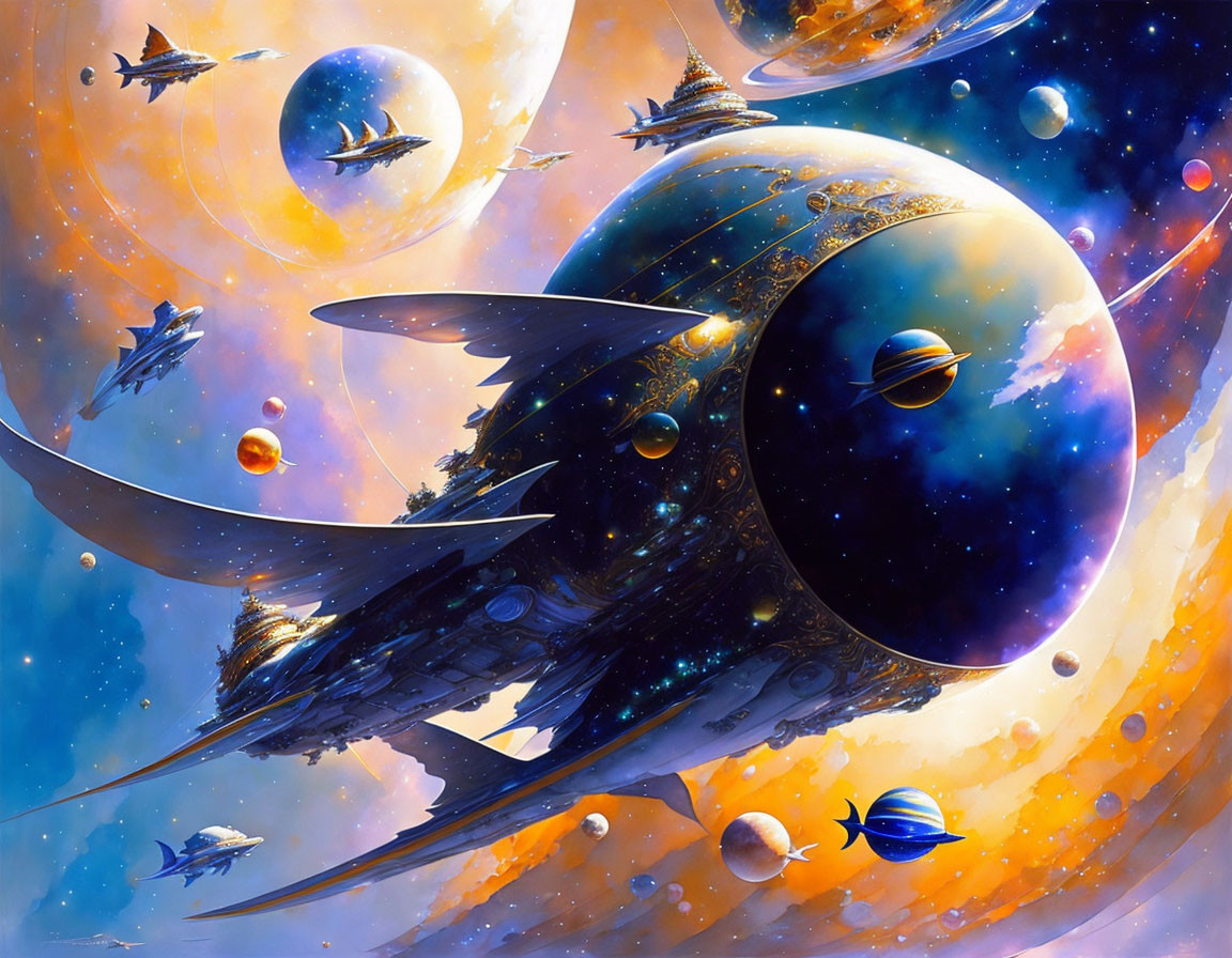 Colorful digital artwork: fantastical space scene with futuristic spacecrafts and celestial bodies