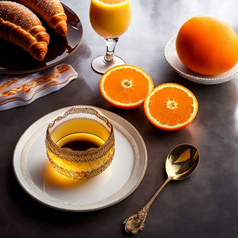 Luxurious Breakfast Setup with Golden Tableware and Fresh Croissants