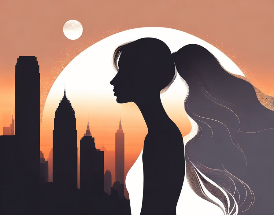 City skyline silhouette with woman's flowing hair at sunset