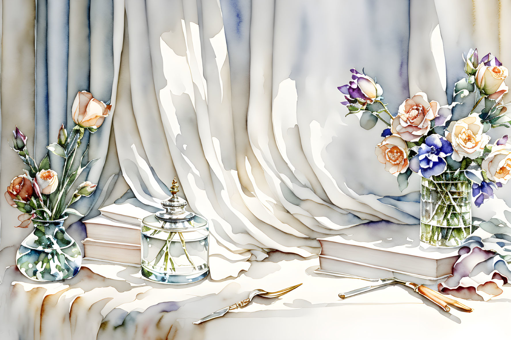 Romantic watercolor painting with draped curtains, flowers, inkwell, books, and calligraphy pens