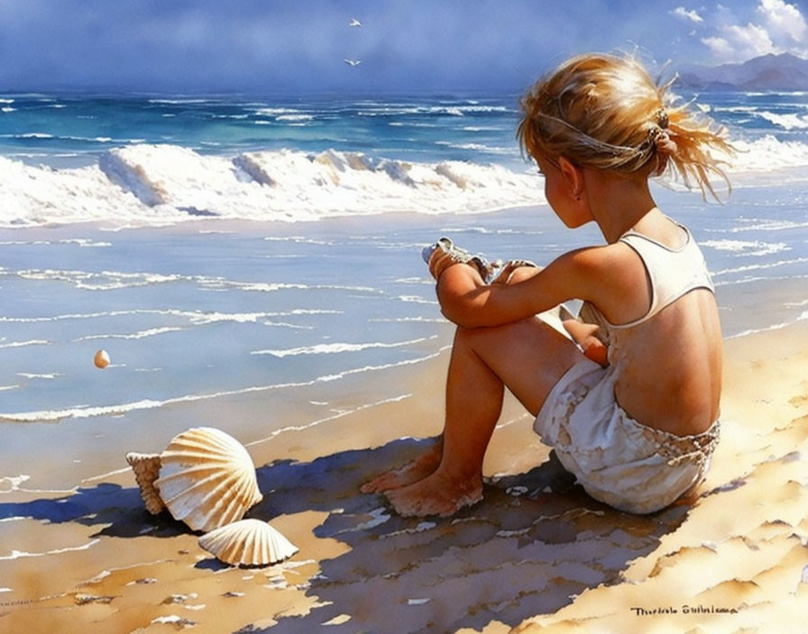 Child on sandy beach with seashell, waves, and seagulls on sunny day