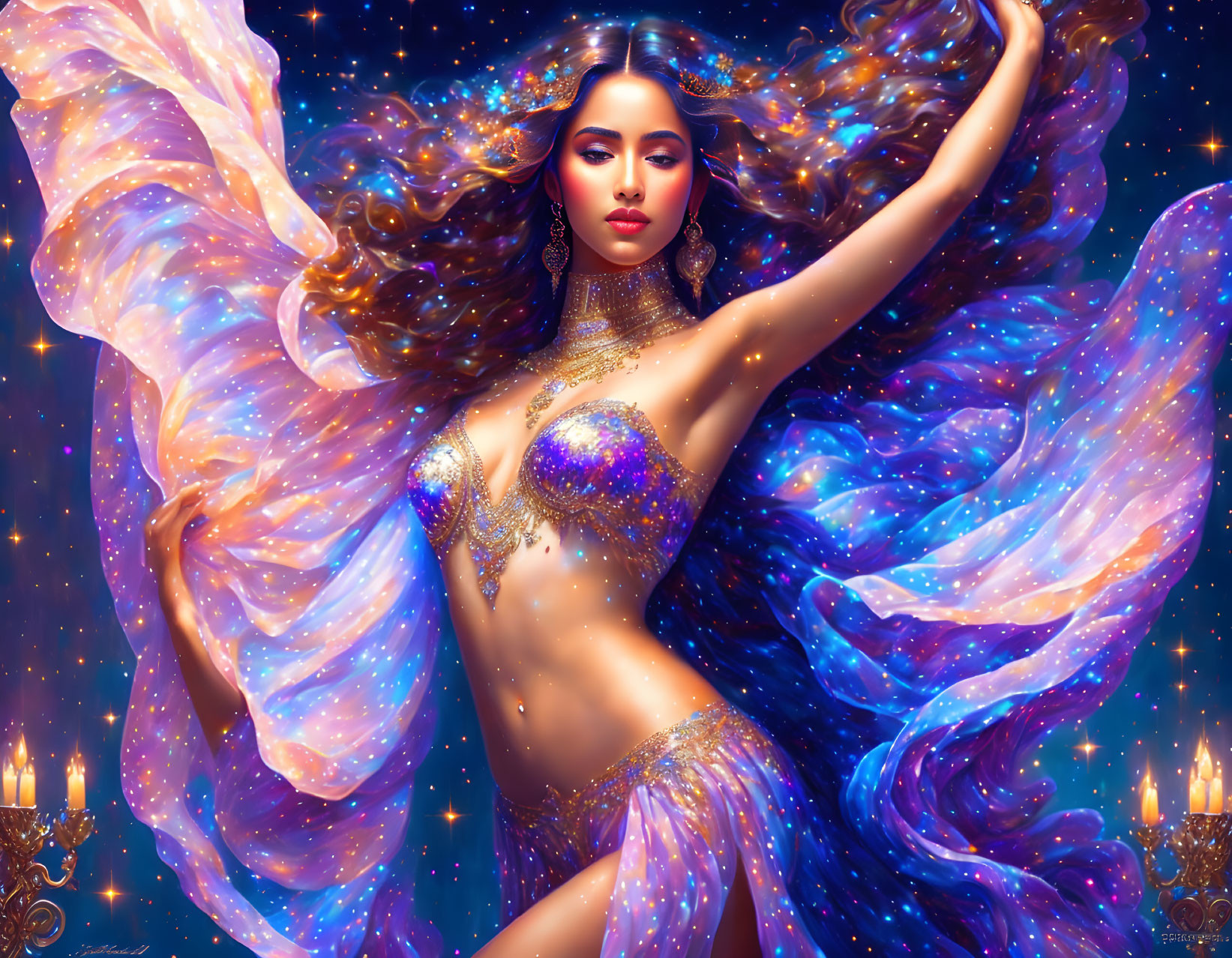 Fantastical image: Woman with starry hair, cosmic attire, and candlelight ambiance