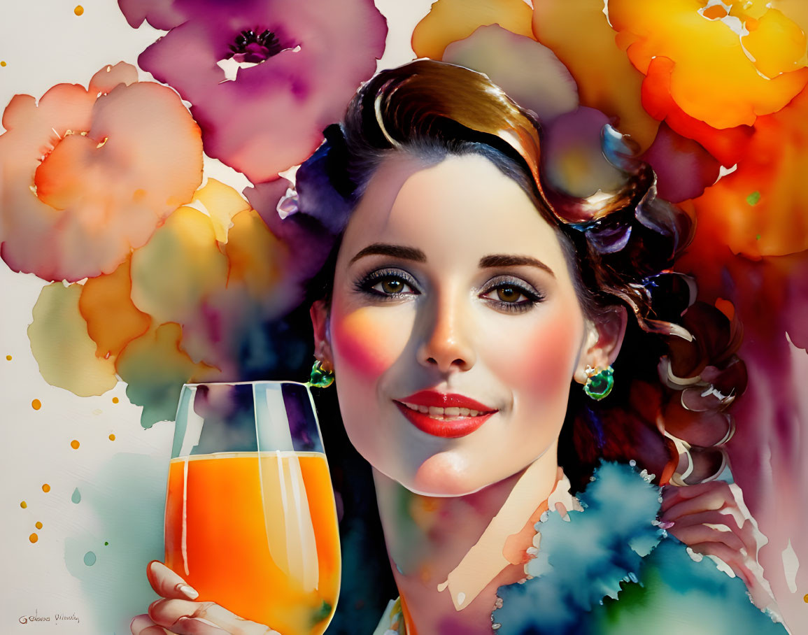 Colorful portrait of woman with orange drink and flowers