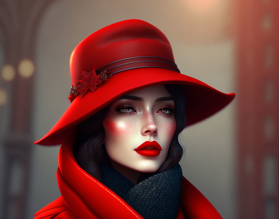 Porcelain-skinned woman in red hat and scarf against blurred background