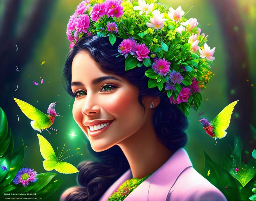 Colorful artwork featuring woman with floral headpiece and hummingbirds.