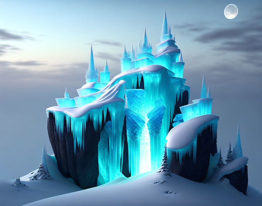 Glowing blue ice palace on snowy cliff under twilight sky