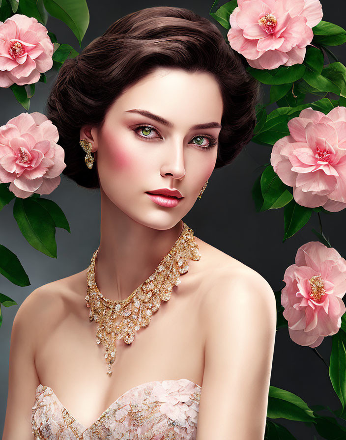 Woman with Elegant Jewelry and Makeup Surrounded by Pink Flowers