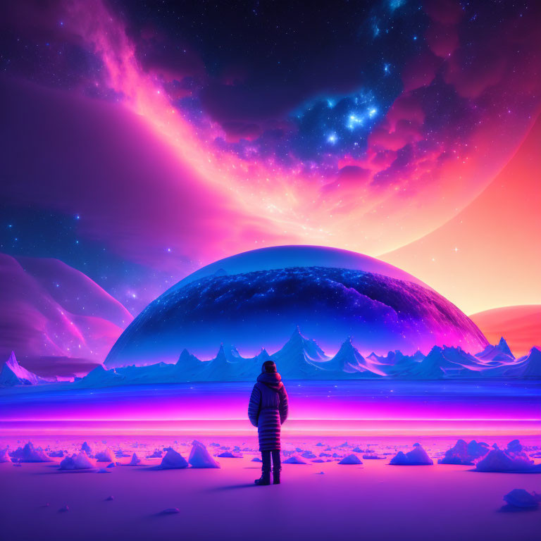 Person on alien landscape with purple skies, stars, and massive planet.