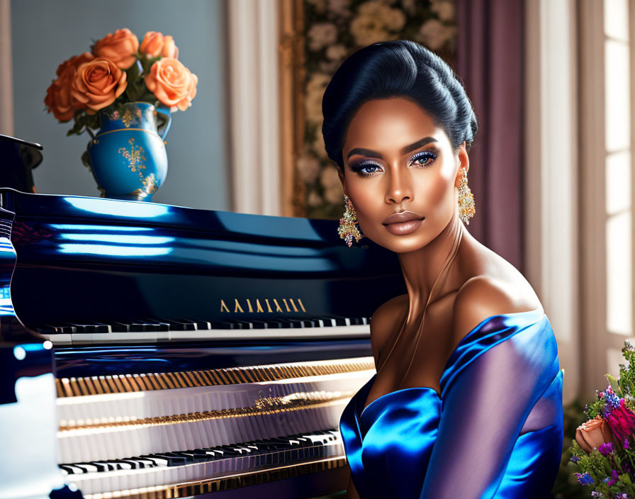 Confident woman in blue dress near grand piano with roses in luxurious setting