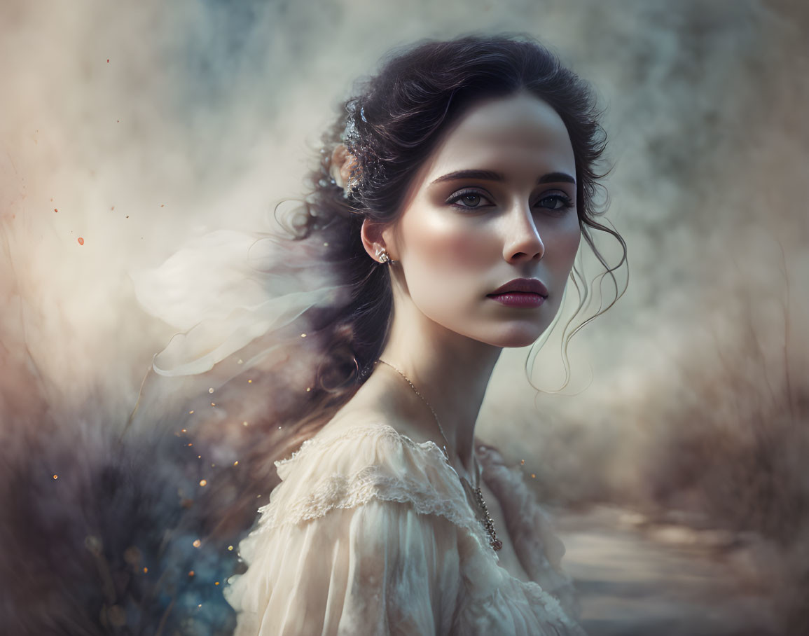 Dark-Haired Woman in Vintage Dress with Intense Gaze and Ethereal Background