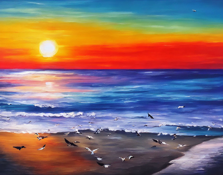 Colorful sunset painting with birds flying over calm beach scene