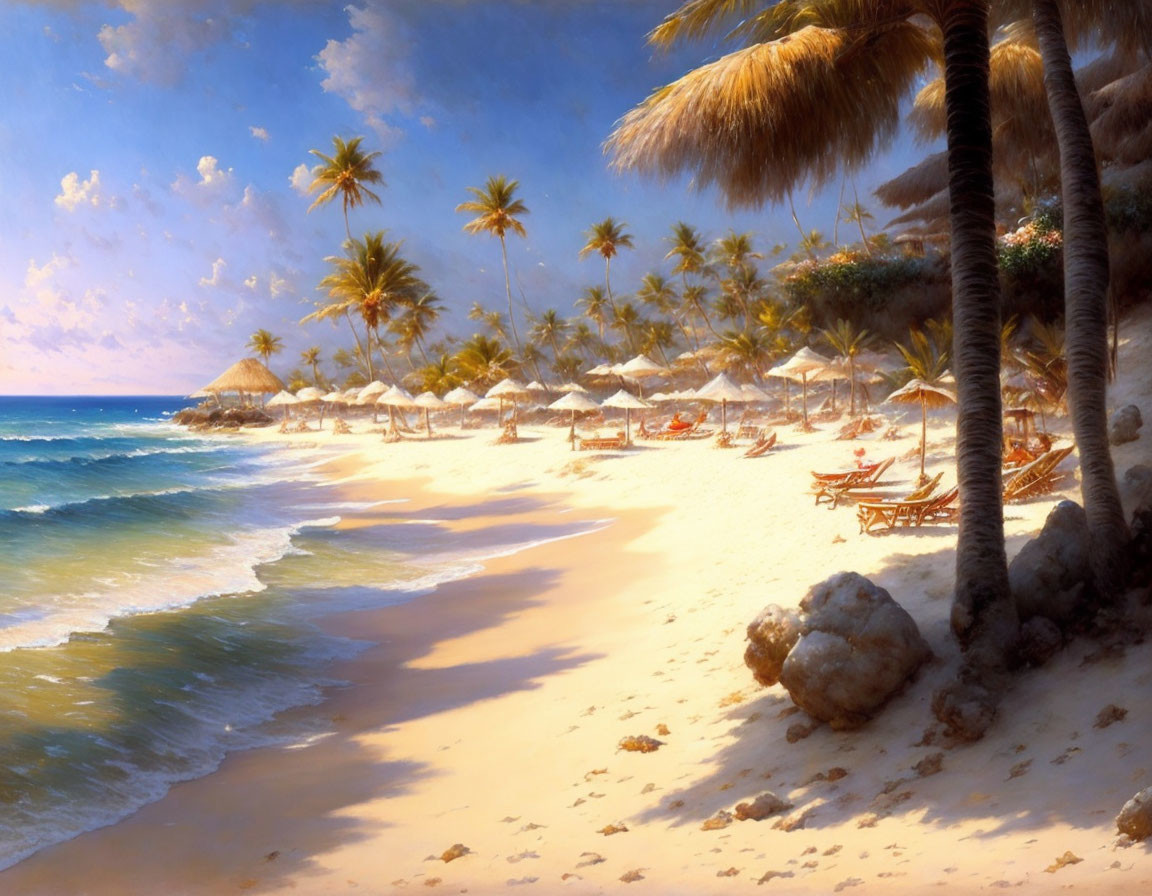 Tranquil tropical beach scene with palm trees and umbrellas