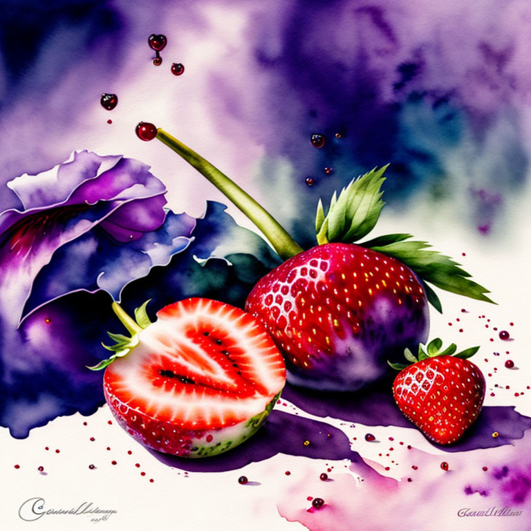 Vivid watercolor painting of sliced strawberry, whole fruit, juice splashes, and purple flower on