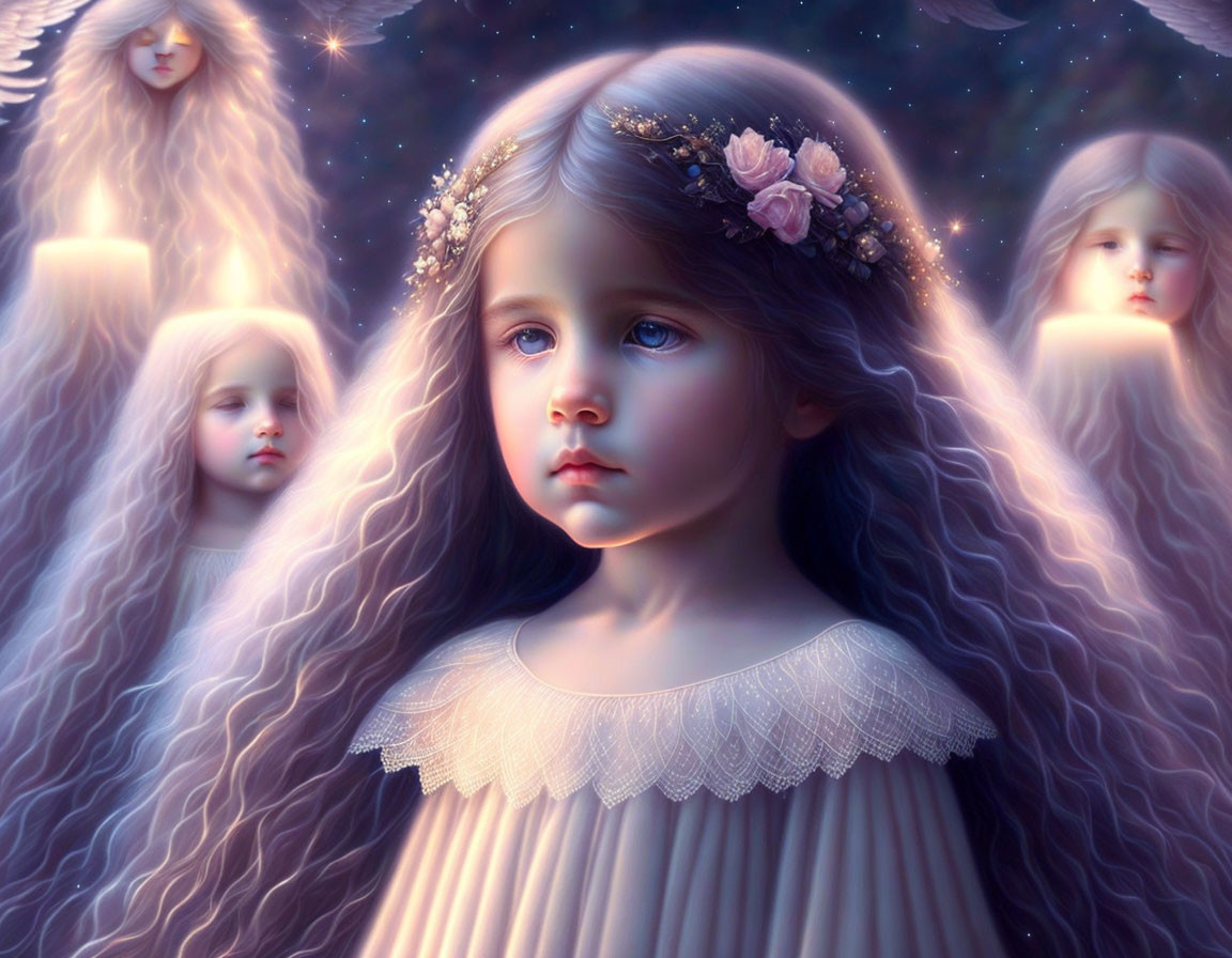 Young girl with floral headband surrounded by angelic figures in celestial setting